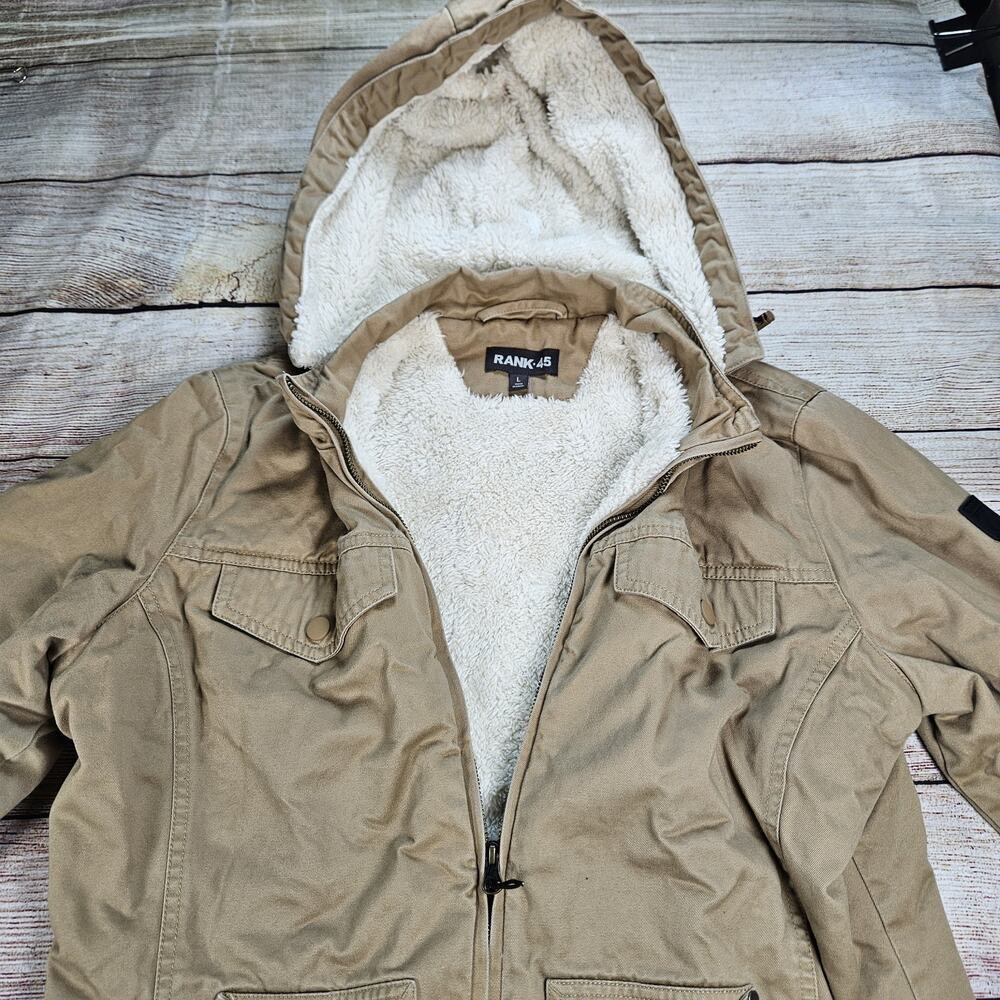 RANK 45 Womens Jacket Size Large Chore Style Fleece Lined Detachable Hood Beige